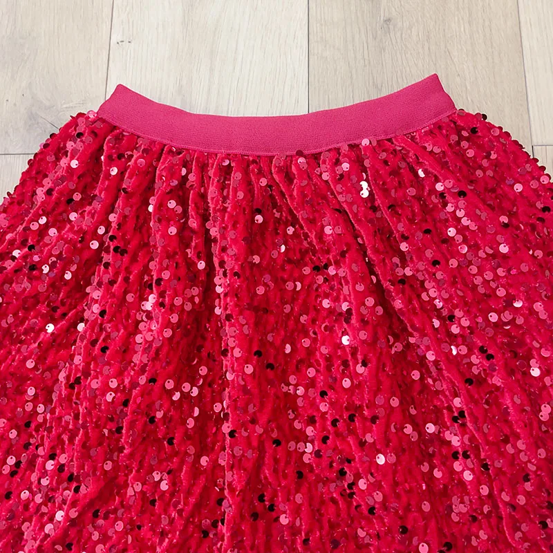 High-end red sequined Christmas dress girls party tutu skirt