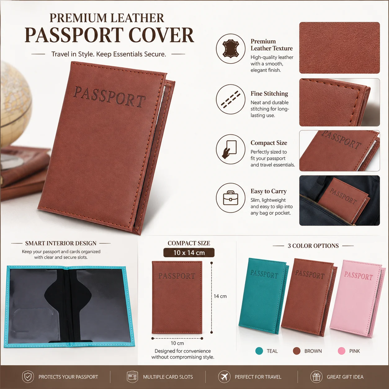 

Passport Holder Leather, Slim Travel Document Case, Protective Passport Cover with Card Slots for Travel