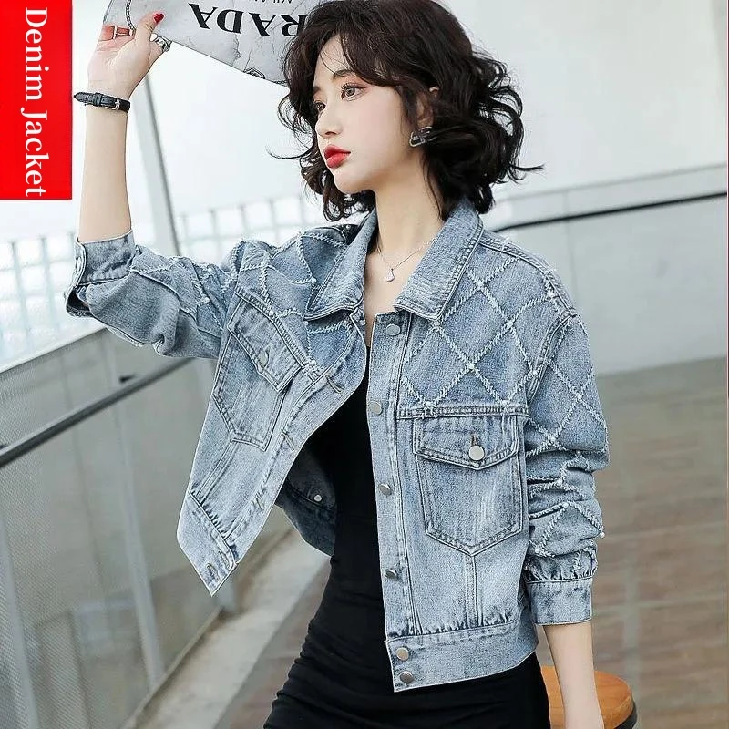 

Luxury Denim Jacket Women Pearls Short Jean Coat Fashion Loose Outerwear Spring Autumn New Big Pocket Long Sleeve Jackets Tops