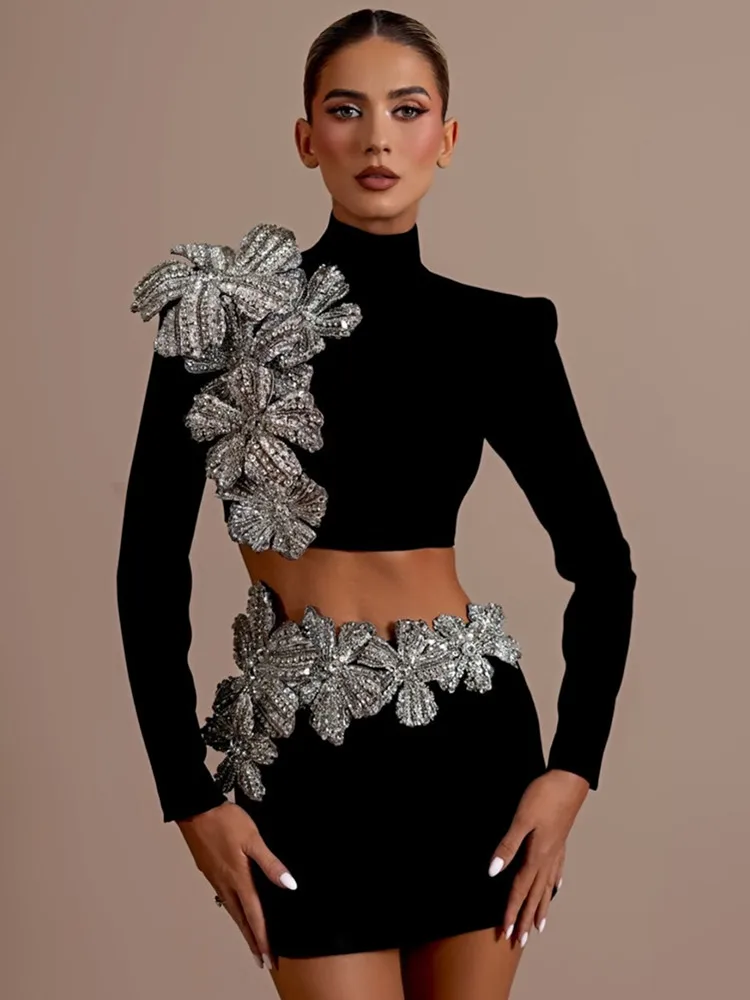 Women Sexy Long Sleeve Flower Diamonds Black Mini Two Pieces Skirt Bandage Set 2025 Celebrity Designer Fashion Women's Set