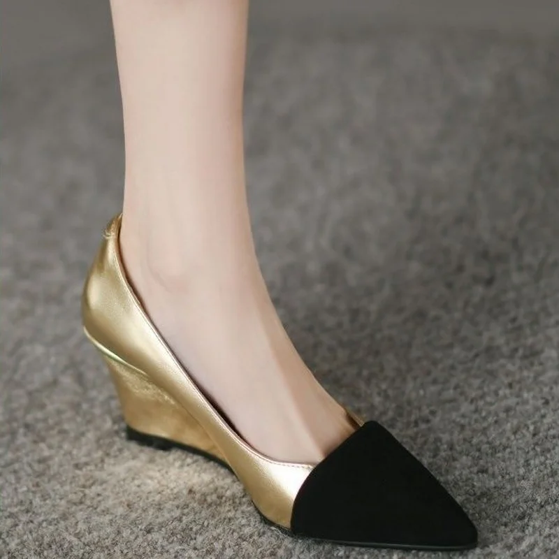 FHANCHU Europea 2023 zeppe in pelle di montone scarpe da lavoro per ufficio, décolleté da donna, tacchi alti, Slip On, punta a punta, oro,