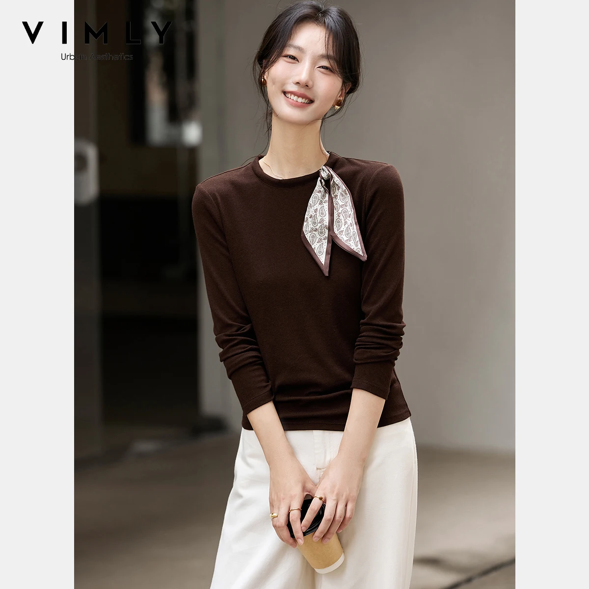 

VIMLY Women's Brown Long Sleeve Top Fall 2025 Scarf Detail Elegant Slim Fit Ladies T-shirts Casual Round Neck Female Tees A3089