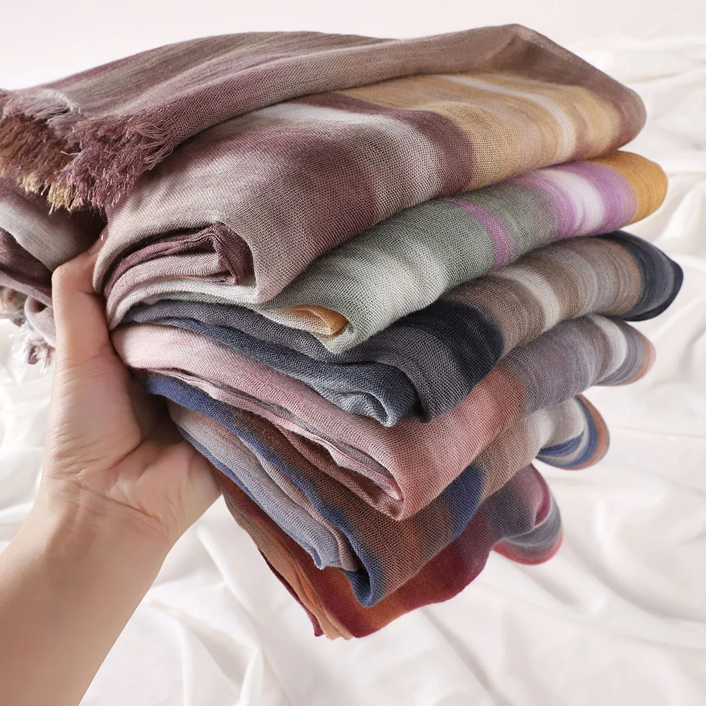 

Новый модный хиджаб из смесового хлопка, женский шарф с градиентной расцветкой, полосатый женский головной платок, универсальный длинный шарф с ретро-принтом