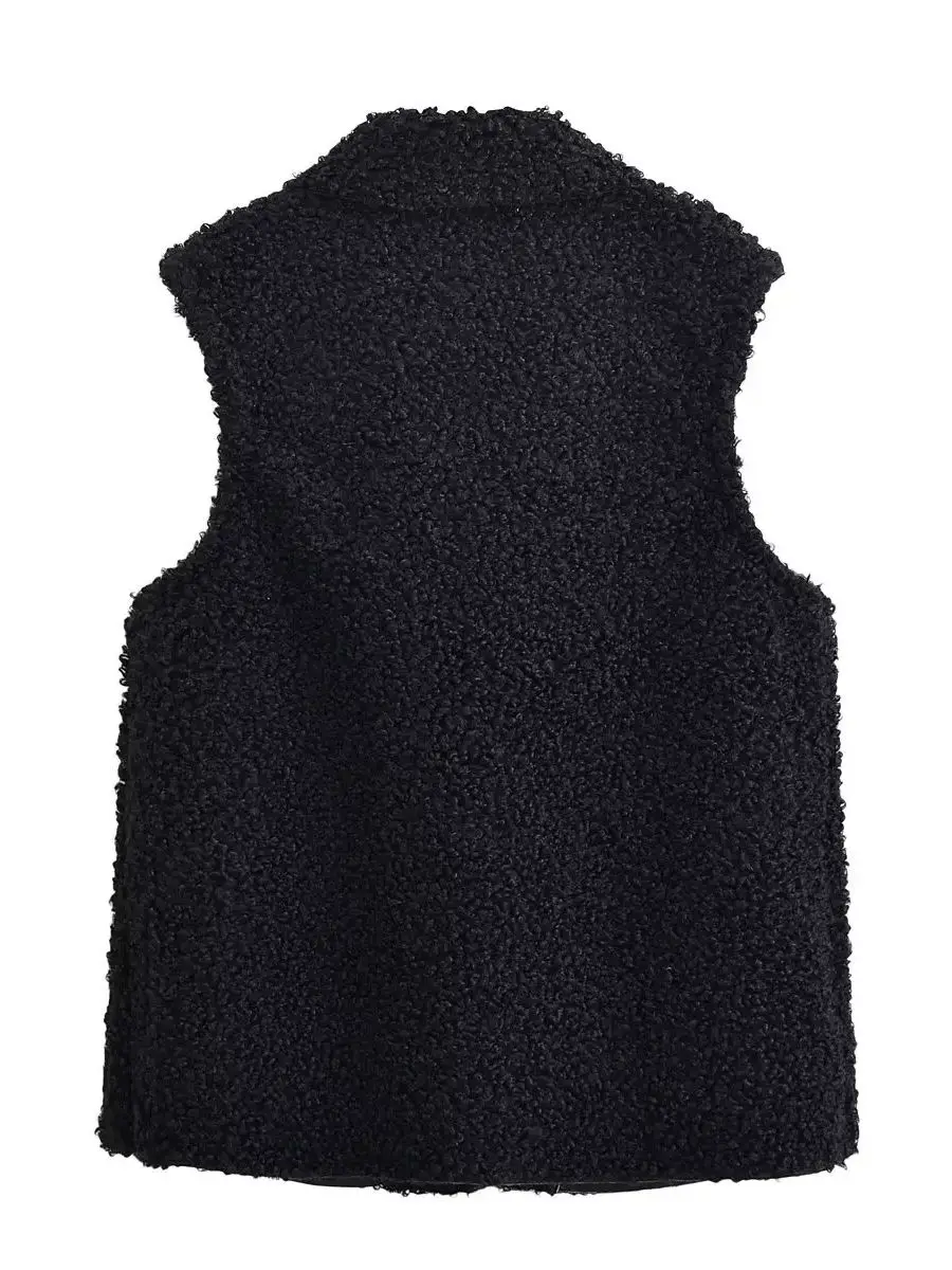 سترات نسائية لراكبي الدراجات النارية مصنوعة من الفرو الصناعي الأسود بدون أكمام سترات نسائية فاخرة عتيقة من البولي يوريثان وسحابات طويلة صدرية ملابس خروج