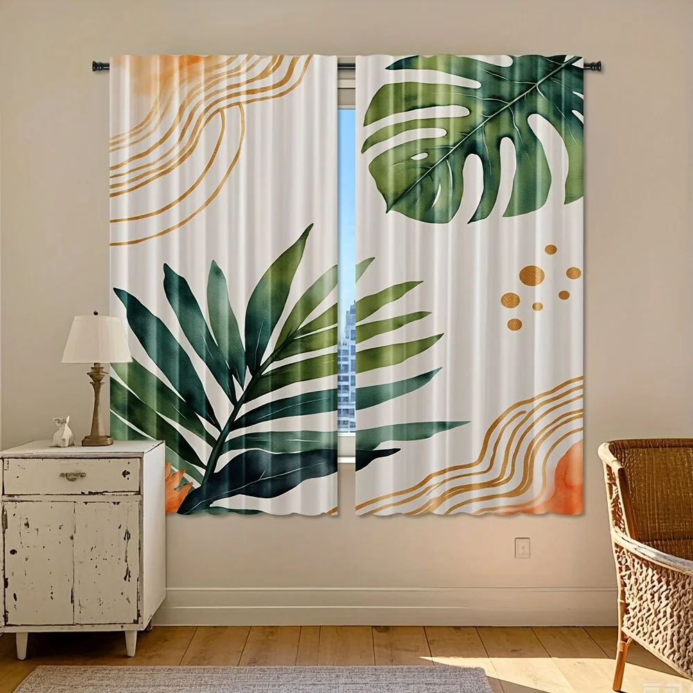 قطعتان، ستائر مطبوعة بأوراق استوائية كلاسيكية مستوحاة من الألوان المائية مع تصميم جيب قضيب، بوليستر لغرفة المعيشة والمنزل #5