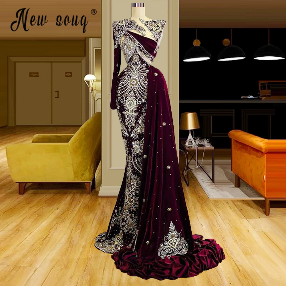 

Burgundy Luxury Evening Dresses Arabic Long Sleeve Embroidery Prom Dresses Muslim Women Wedding Party Gowns Luxury Tailing