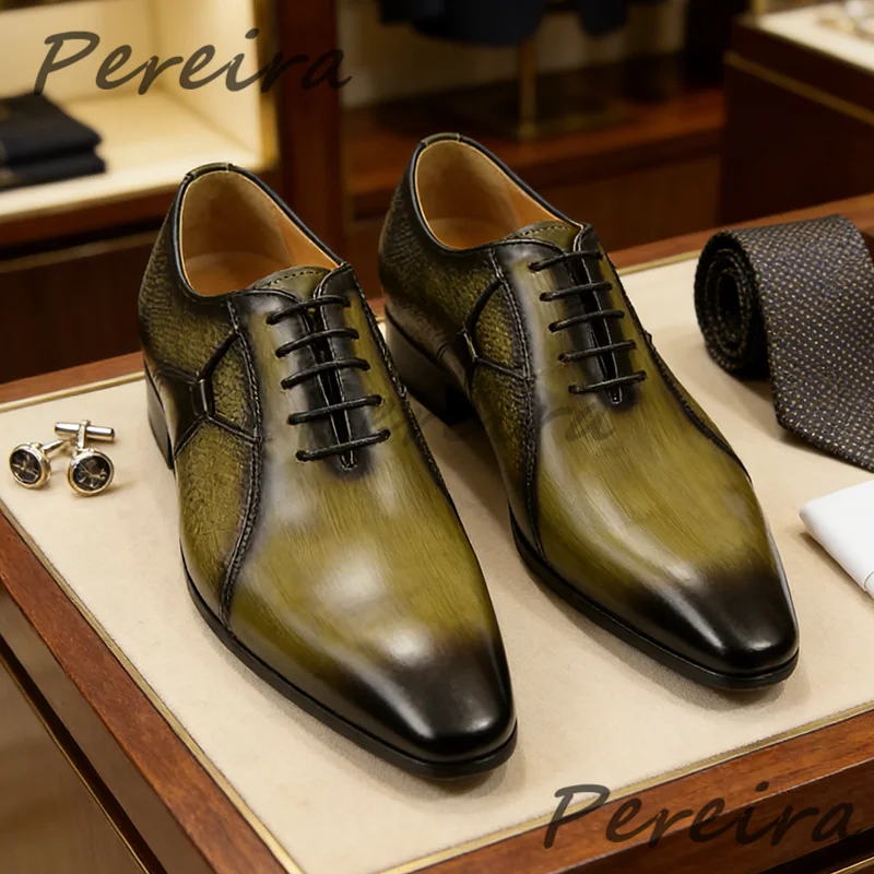 

Retro Green Mixed Color Lace Up Oxford Shoes British Style Trendy Pointy Toe Party Banquet Men Business Casual Shoes Large Size