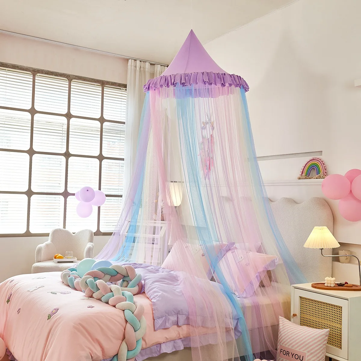 Mosquitera con dosel de cama de arcoíris, cortina de cama de cúpula redonda de princesa, decoración de dormitorio de red colgante