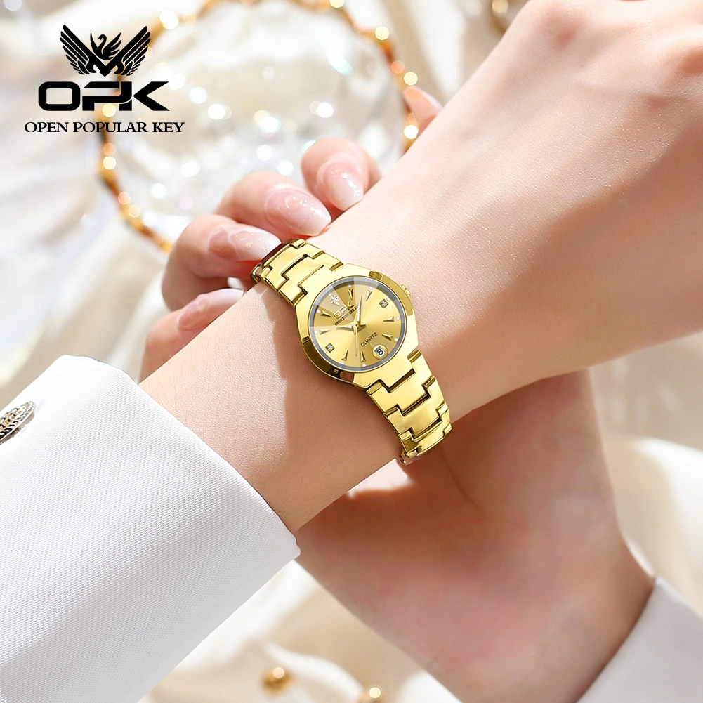 Imagem -05 - Opk-relógio Quartz em Aço de Tungstênio Masculino e Feminino Todo Dourado Impermeável Luxo Elegante Data Semana Casal Fashion