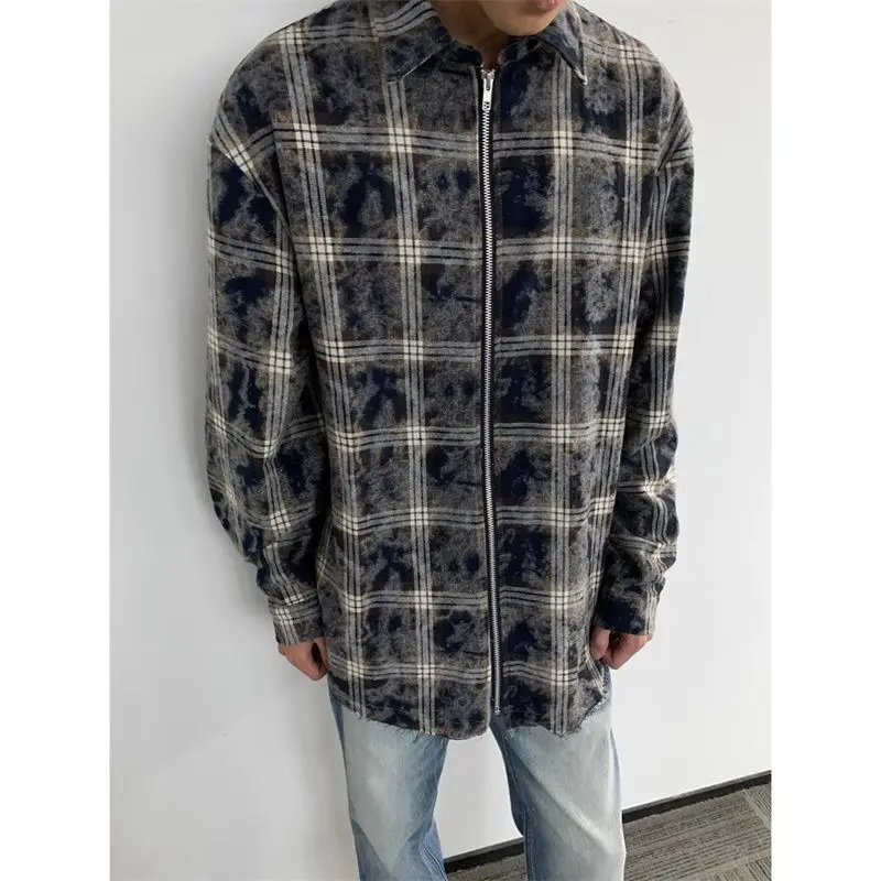 Korean Retro Niche Zipper Plaid Shirt Jacket Men's Spring and Autumn Ins Blooming Fixed Style Versatile Long-sleeved Shirt