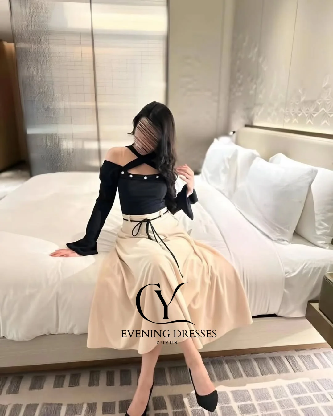 CUYUN طويلة الأكمام الرسن الرقبة فساتين حفلة موسيقية السعودية مطوي الكاحل طول فساتين المناسبات الخاصة مزاجه ثوب مسائي غير رسمي #2