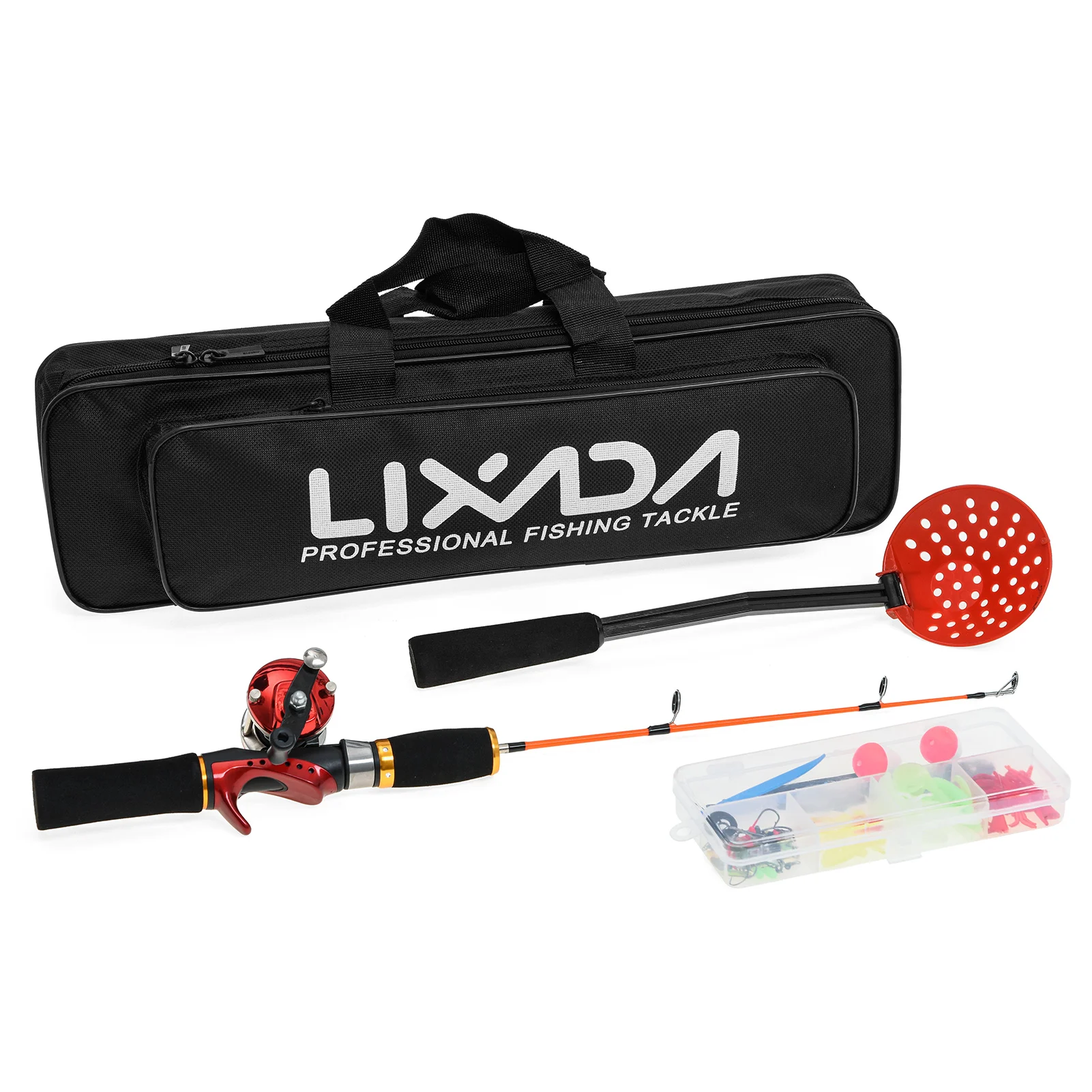 50cm Ice Fishing Rod Reel Combo Kit Detachable Fishing Rod with Ice Skimmer Scoop and Carry Bag Lures Hooks Swivels Accessories