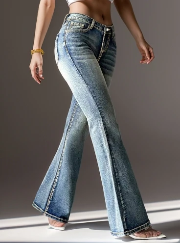 Jeans wanita mode 2024, jins Vintage bordir saku melar tinggi gaya jalanan ramping kasual sederhana