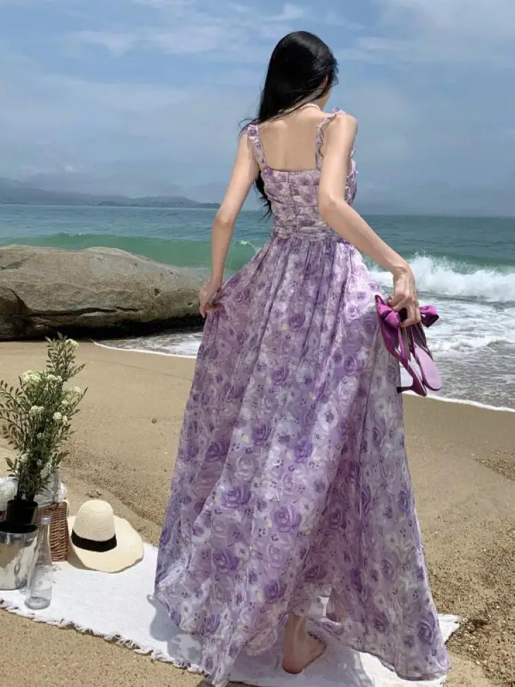 Imagem -02 - Francês Vintage Roxo Impressão Vestidos Longos para Mulheres Sexy sem Encosto sem Mangas Babados Praia Férias Roupas Femininas Verão 2023