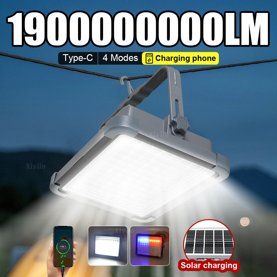 

190000000LM Solar Camping Lantern High Power Rechargeable LED Tent Lamp External Floodlight Hanging Portable Lantern with Magnet