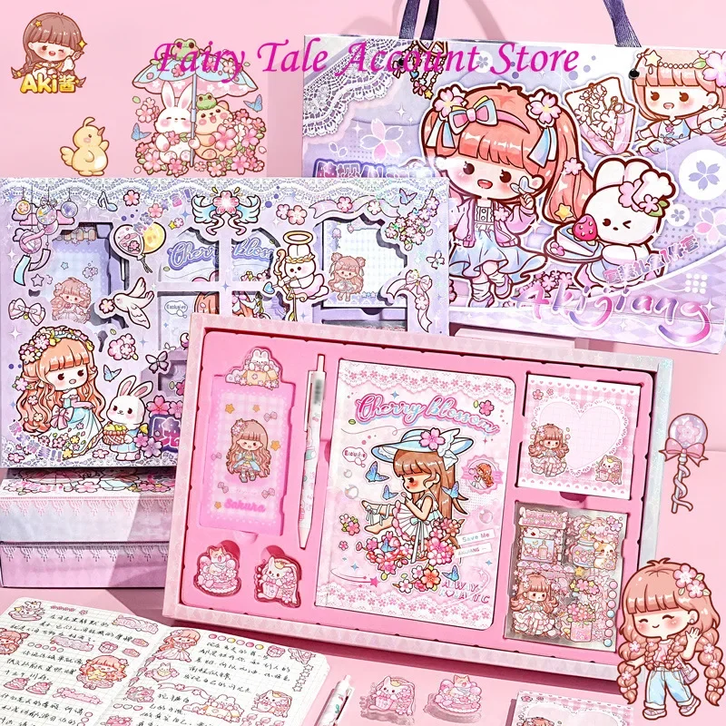 AKI Sauce Cherry Blossom Hardcover Notebook, Children's Cartoon Stickers Notes Gift Boxes Stationery and Paper Tape