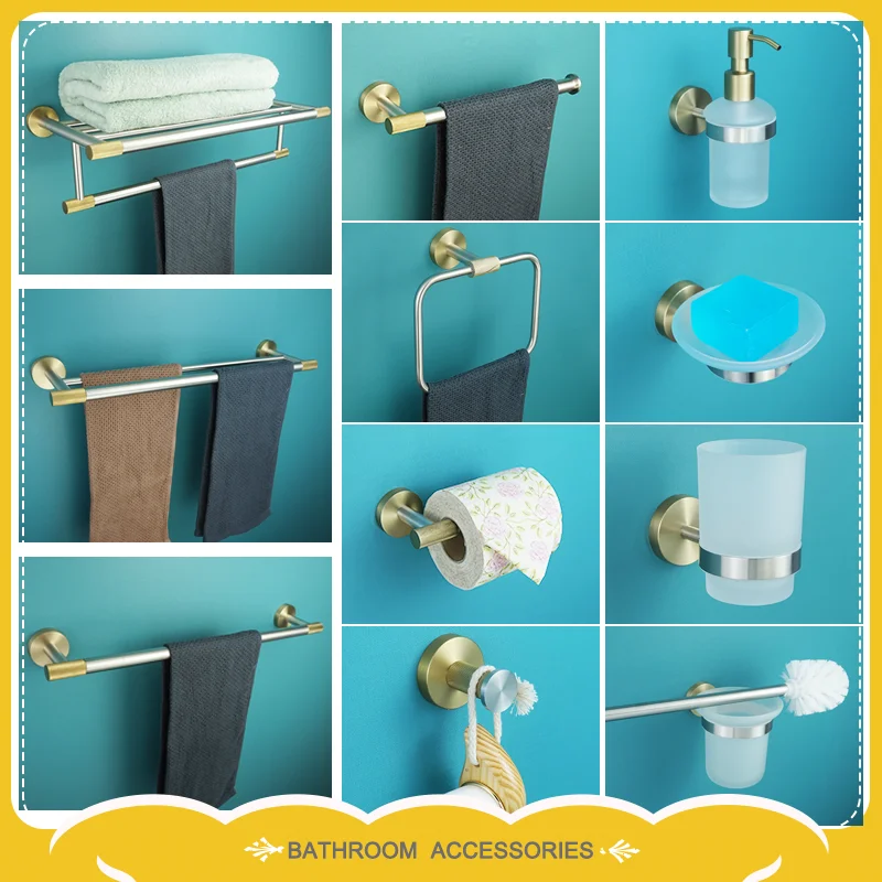 

Brushed Gold & Brushed Bathroom Accessories Set Wall Mounted Clothes Hook Toilet Paper Holder Towel Bar Hardware Pendant