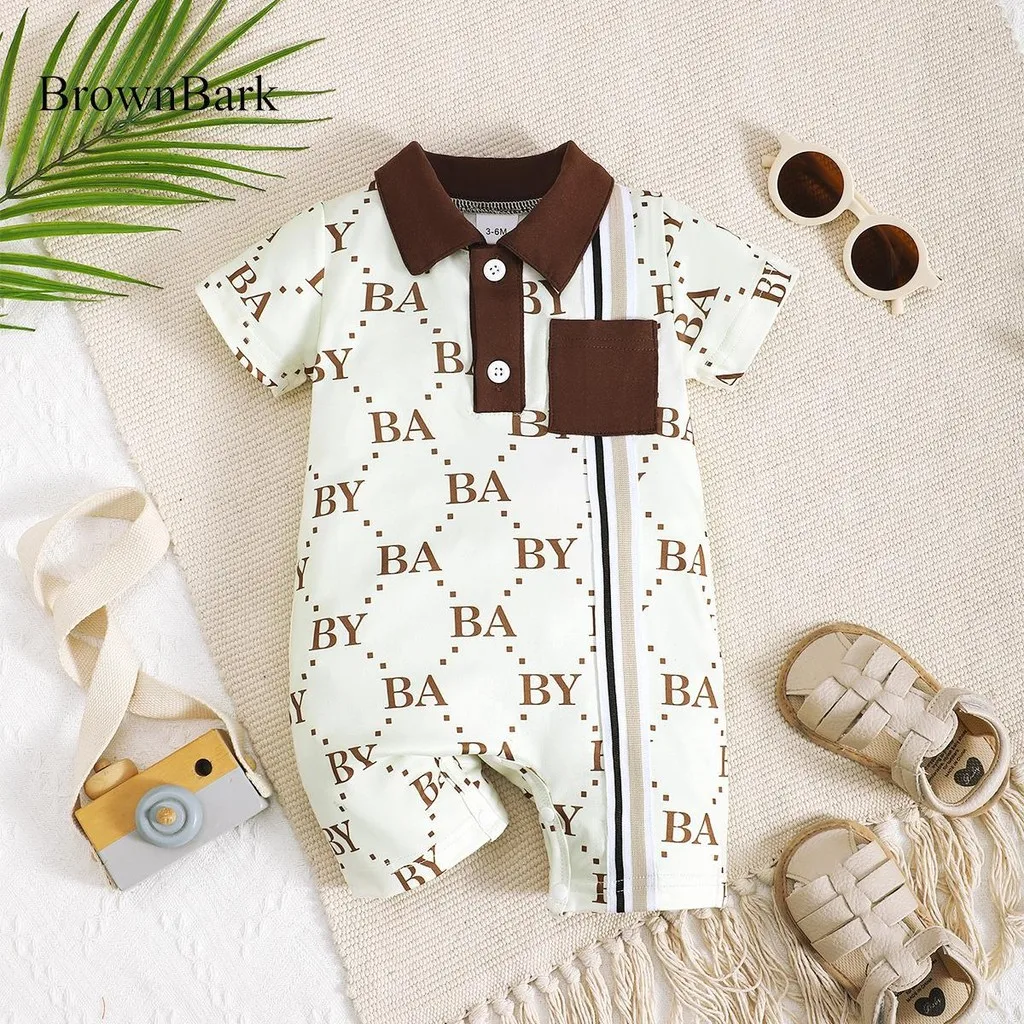1-24 meses bebê recém-nascido menino moda macacão de manga curta flip colarinho carta impressão luz luxo macacão crianças roupas verão