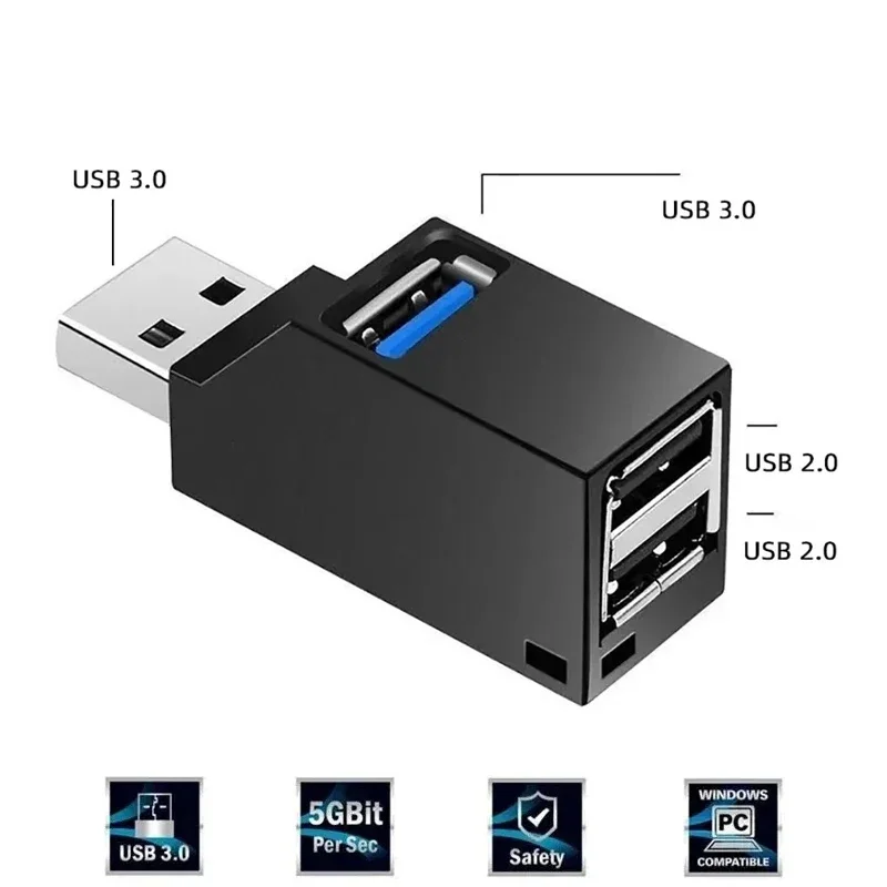 NNBILI USB 3.0 허브 어댑터 익스텐더 미니 분배기 상자 1 ~ 3 포트 PC 노트북 U 디스크 카드 리더 어댑터 용 고속 USB 2.0