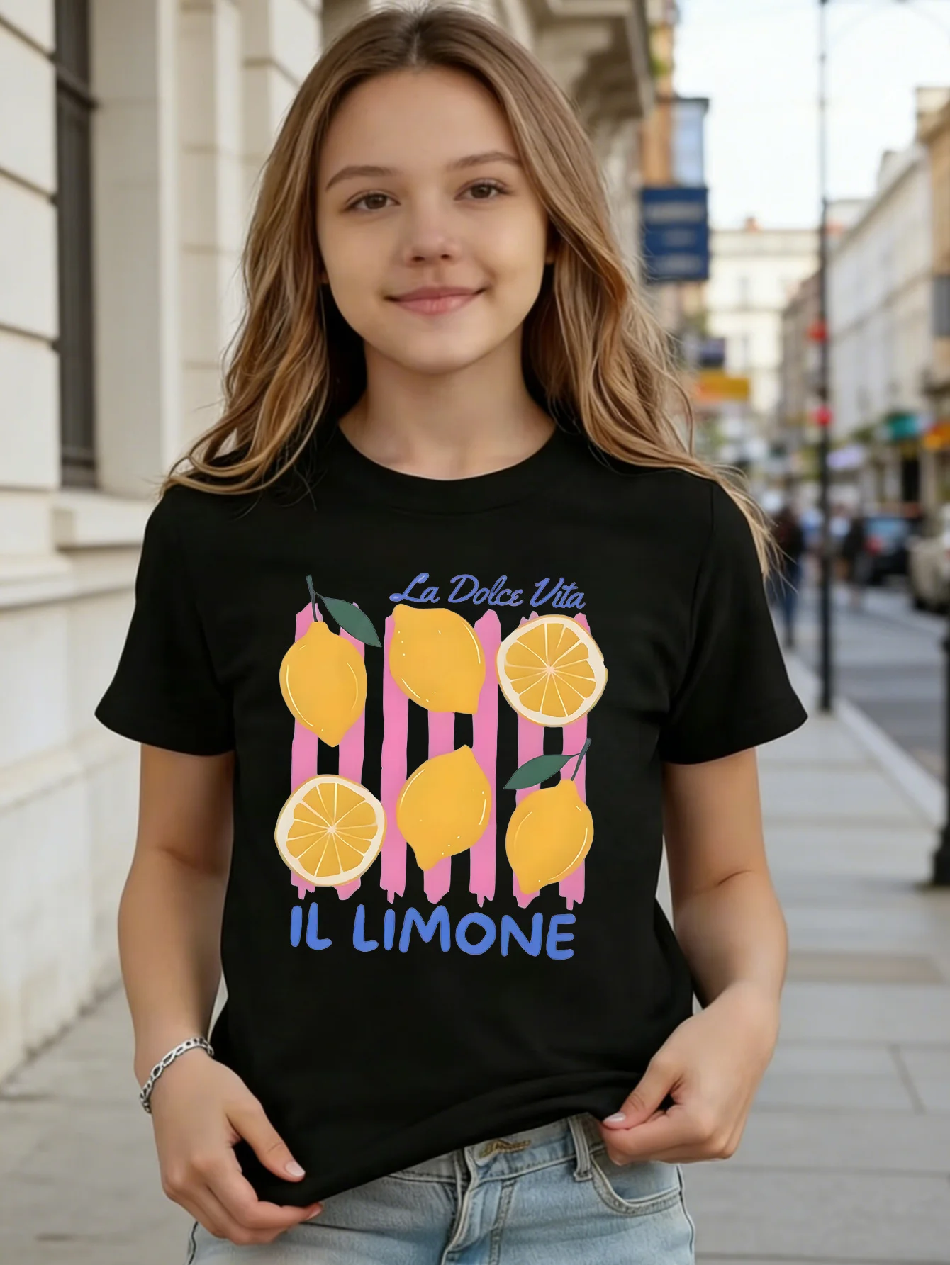 Vintage Italian Style Yellow Lemon Fruit Letter Slogan Print Kids T Shirt Boys Girls Family Matching Summer Crew Neck Casual Tee