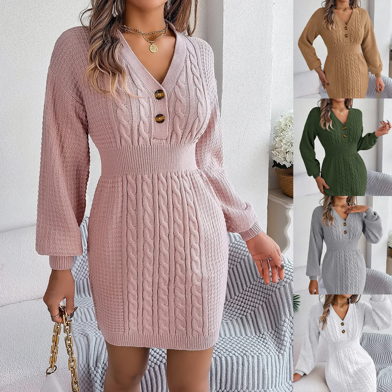 

Women Dresses Lantern Sleeve V Neck Pullover Solid Knitting Sweaters Dress High Street Vestidos Sexy Elegant Buttocks Button