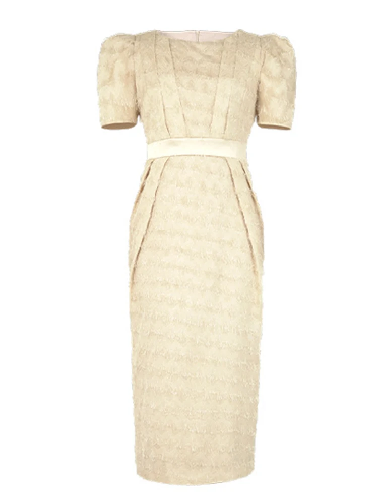 Frauen Kleidung Formelle Anlässe Kurzarm Quasten Schlank Midi Bleistift Kleid Elegante Pendeln Dame Mode Party Vestido Robe Sommer