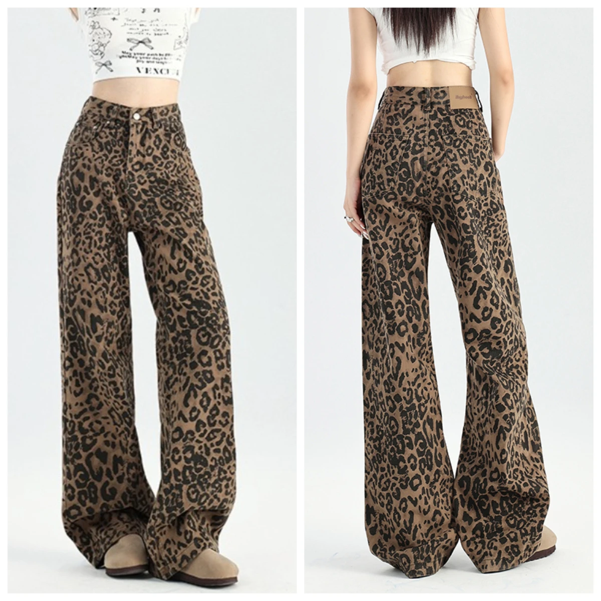 

2025 Autumn New American Style High Waist Retro Leopard Print Jeans for Women Straight Loose Wide Leg Floor-Length Pants