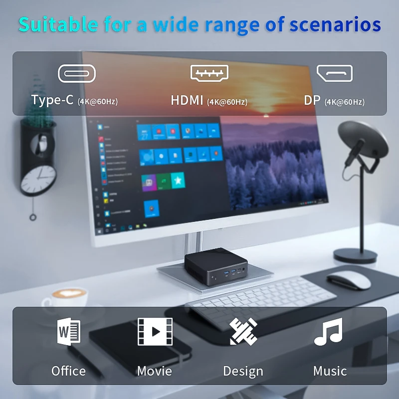 كمبيوتر صغير مدمج واي فاي متوافق مع Win 11 Linux Desktop Home Office Game Dual Network Port Box Mini PC