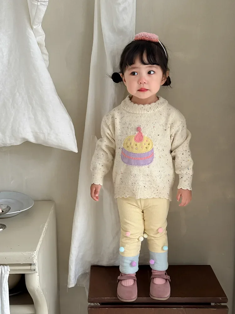 Suéter para niñas, ropa de invierno para niños, suéter de encaje de pastel grueso bonito de estilo coreano para niñas, informal, sencillo y dulce, 2024