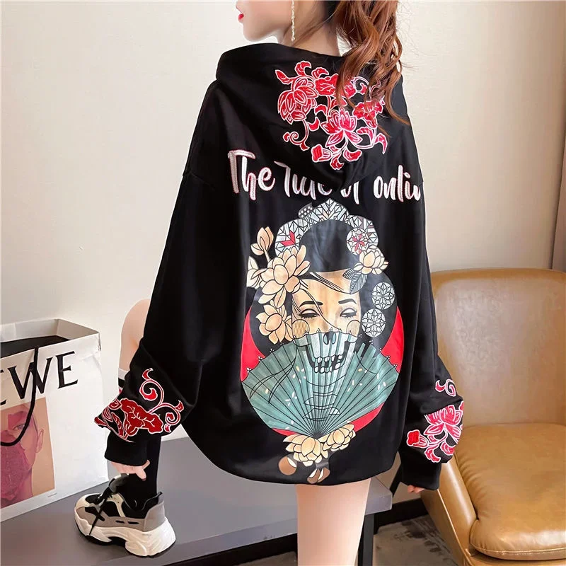 Thin Hoodies Sweatshirts Print Women Chinese Style Loose Anime Hooded Blouse Female Black Pink Pullover Streetwear Fashion Tops