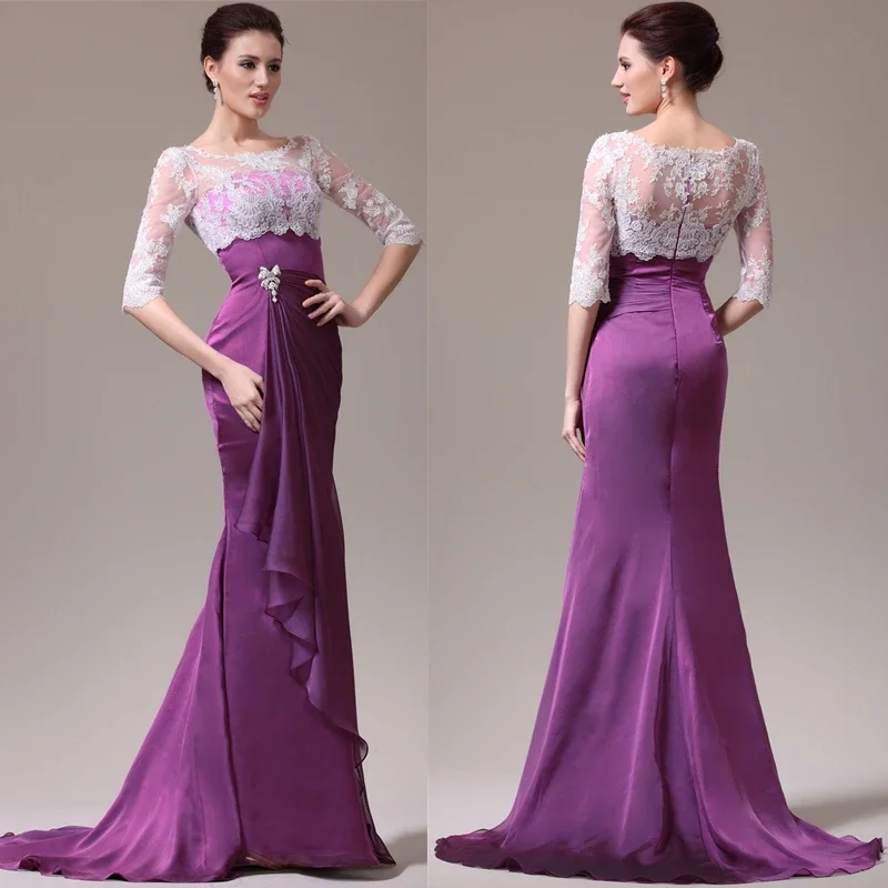 

Popular Mother of the Bride Dress Long Formal Women Dress Mermaid Half Sleeve with Contrast Color White Lace Jacket فساتين السهر