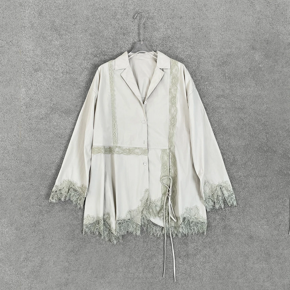 

Asymmetrical Patchwork Women's Shirt Y2K Lace Trim Tie-Detail Slim-Fit Elegant Commuter Loose Ruffled Blouse Top Spring 2025 New