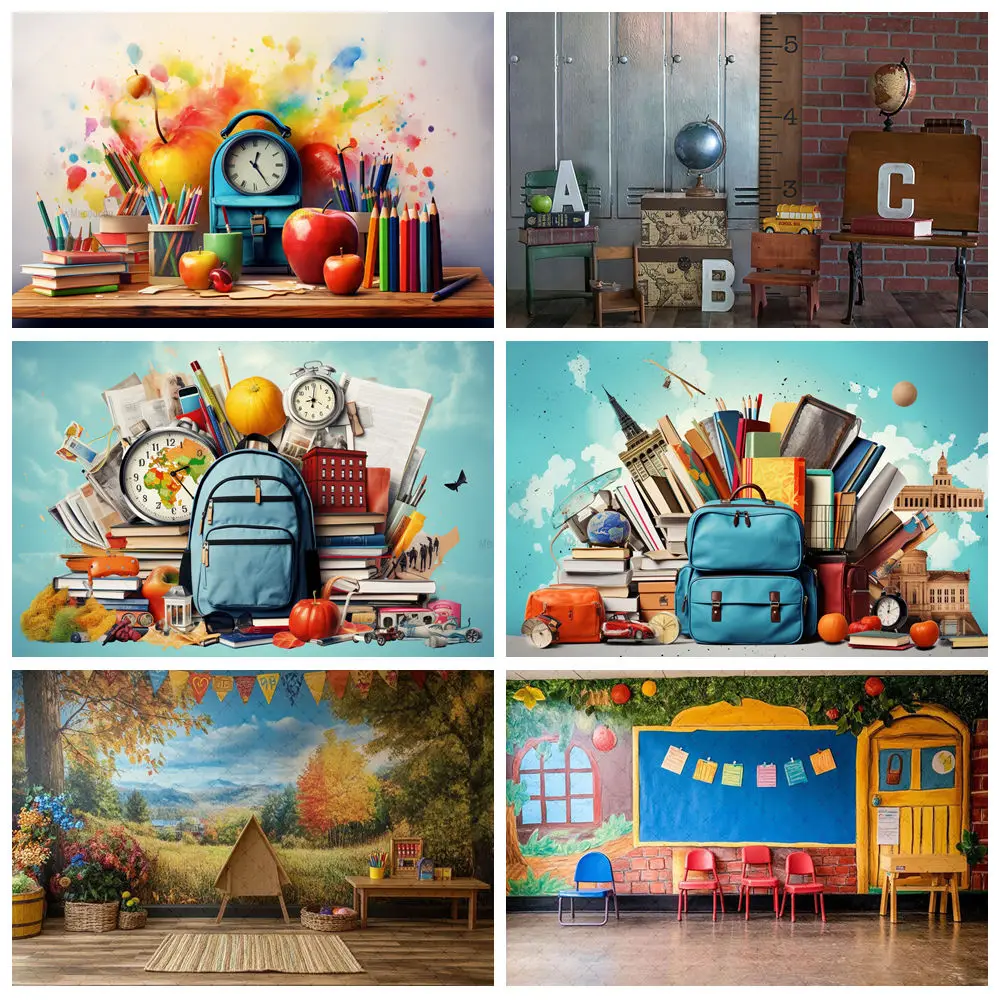 

Back To School Backdrops ABC Alphabet Blackboard Bookcases Children First Day of School Photo Backdrop