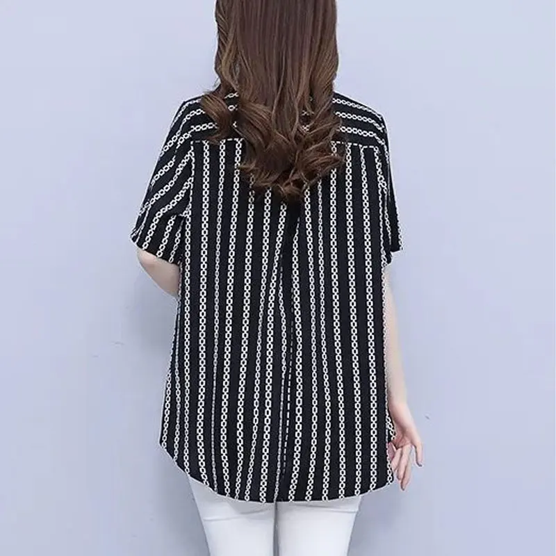 Summer Short Sleeve Blouse Turn-down Collar Stylish Button Female Clothing Casual Printed Loose Commute Korean Striped Shirt New