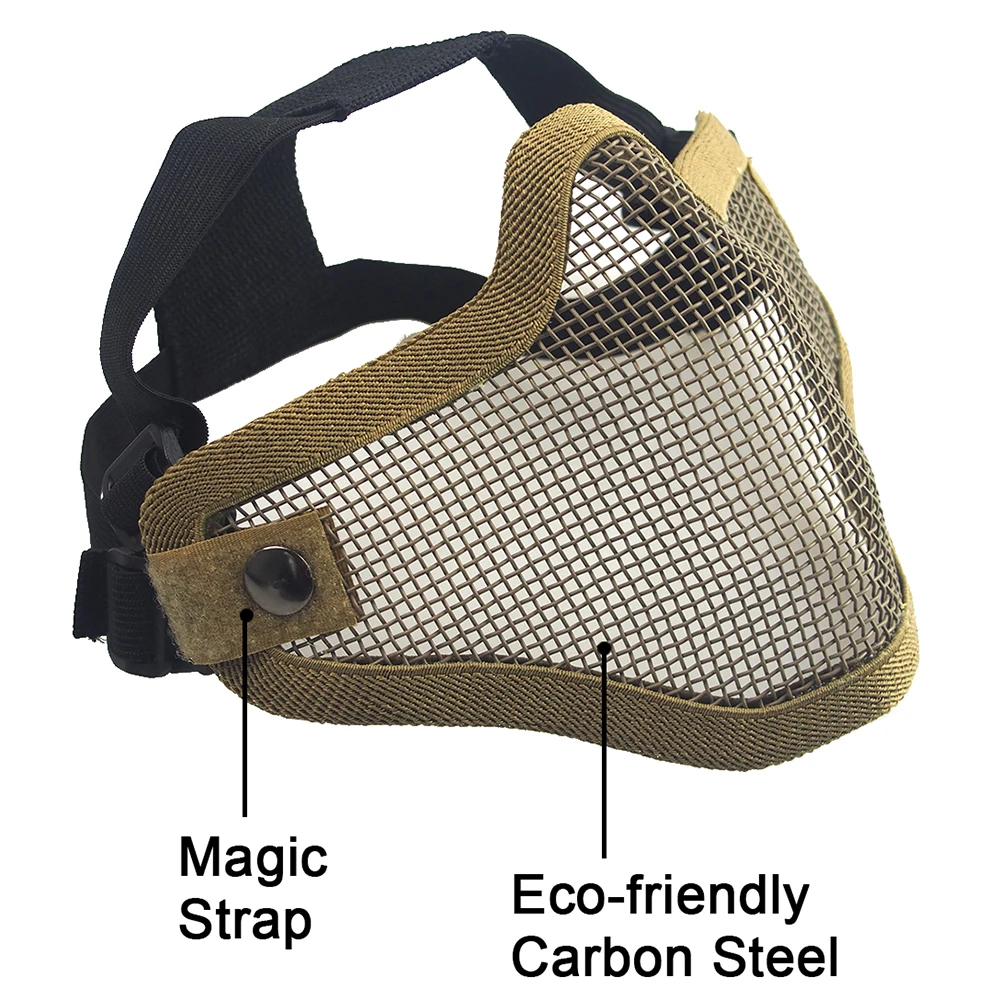 Máscara táctica de media cara con doble cinturón para caza, máscara protectora transpirable de malla de acero y Metal para máscara de Paintball