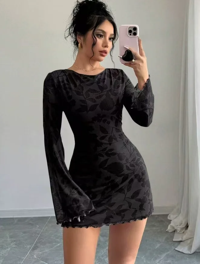 

Leopard Print round Neck Long Sleeve Dress with Belted Backless Design Short Dress Autumn New Arrival Cross-Border Europe And Am