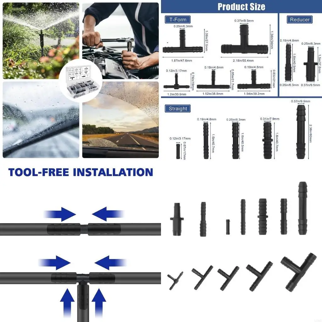   113Pcs Hose Connector Assortment T-Connector Hose Connector Accessories for Windscreen Washers Garden Watering Systems