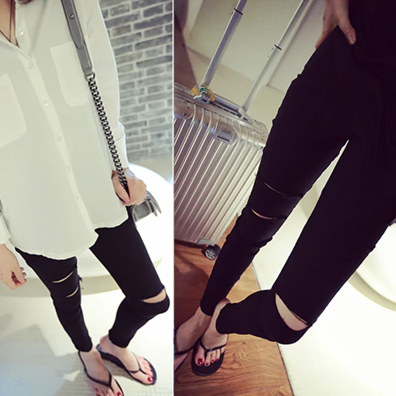 Black Hole Skinny Jeans Women's Summer Thin Large Size Fat MM High Waist Tight Fit Footwear Outerwear Magic Small Black Pants