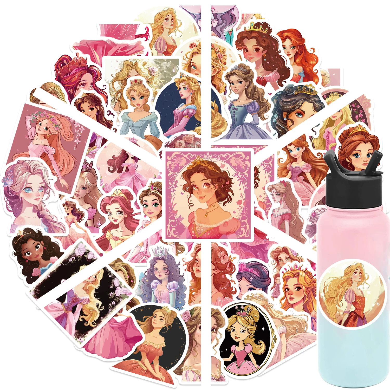 50pcs Pink Princess Stickers Cartoon Cute Princess Girl Stickers Vinyl Laptop Luggage Skateboard Waterproof Girl Decals Toys