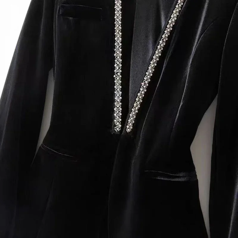 LIBIELIY Gold Velvet Beaded Women Blazer 2024 New Korean Fashion Autumn Long Sleeve Office Work Blazers Lady Jackets Coat Femal