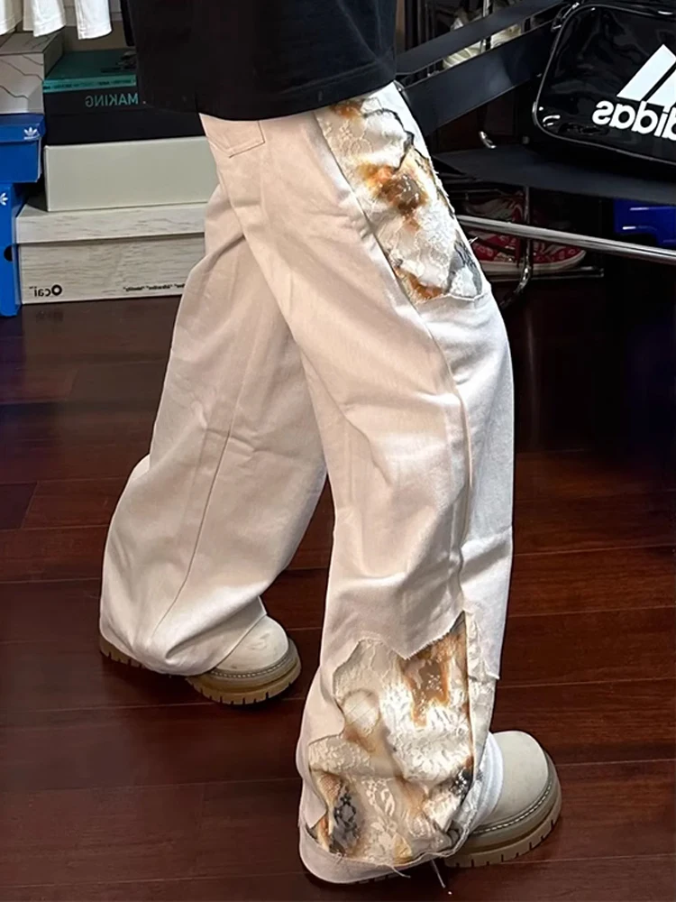 

American High Street Men's Lace Denim Jeans Straight Leg CleanFit Design Hip And Haome mid Waist Long Pants Cotton Polyest...