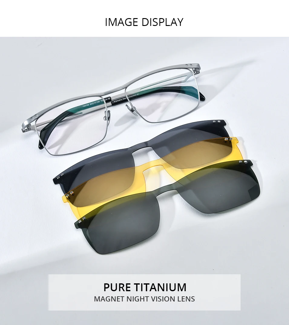FONEX Titan-Brillengestell für Herren, quadratisch, Magnet-Clip, Nachtsicht und polarisierte Linse, japanische ultraleichte Brillen 85759 – Detail 2