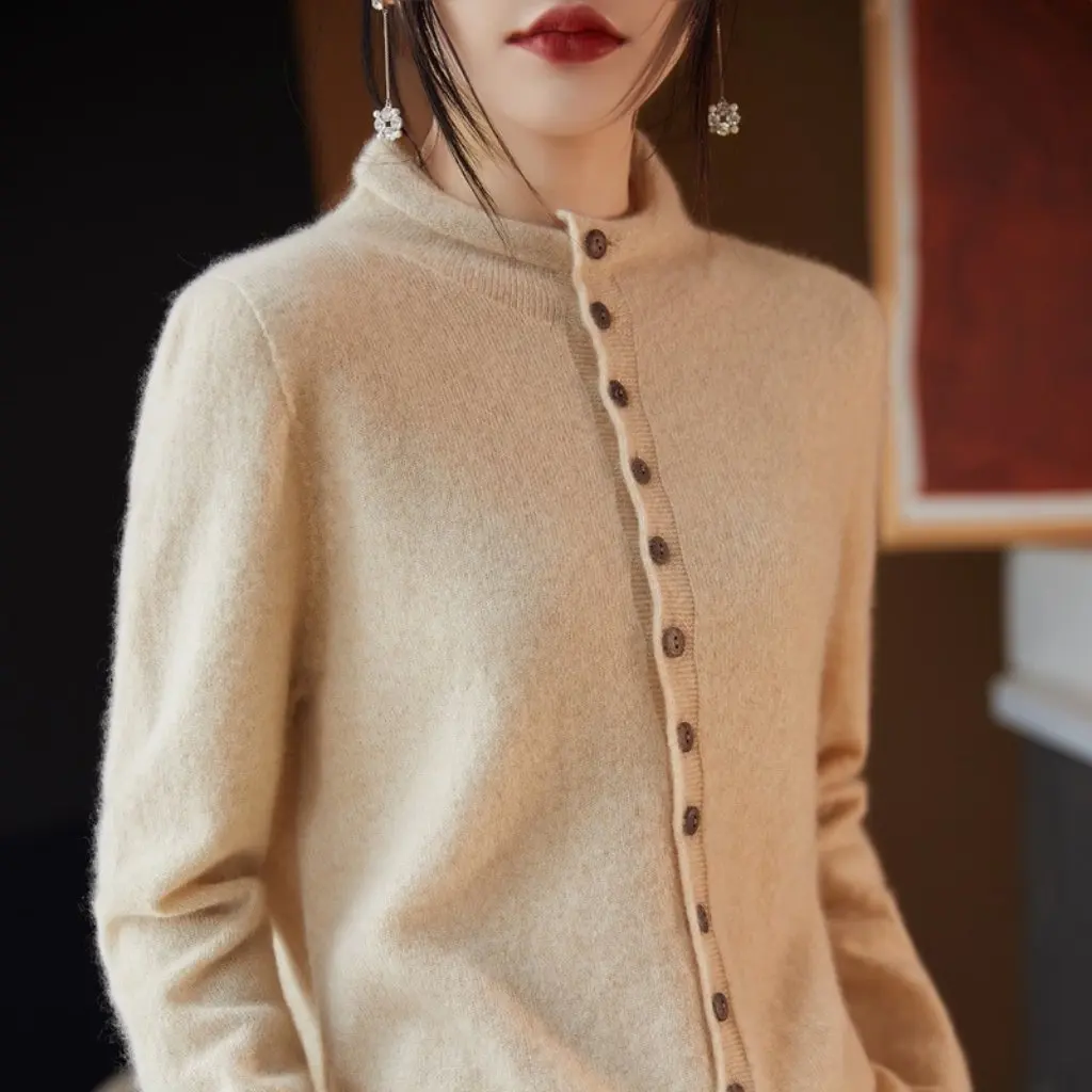 

Women's 100% Wool Cardigan Solid Color Knitted Sweater round Neck Loose Top Outer Wear for Autumn Winter