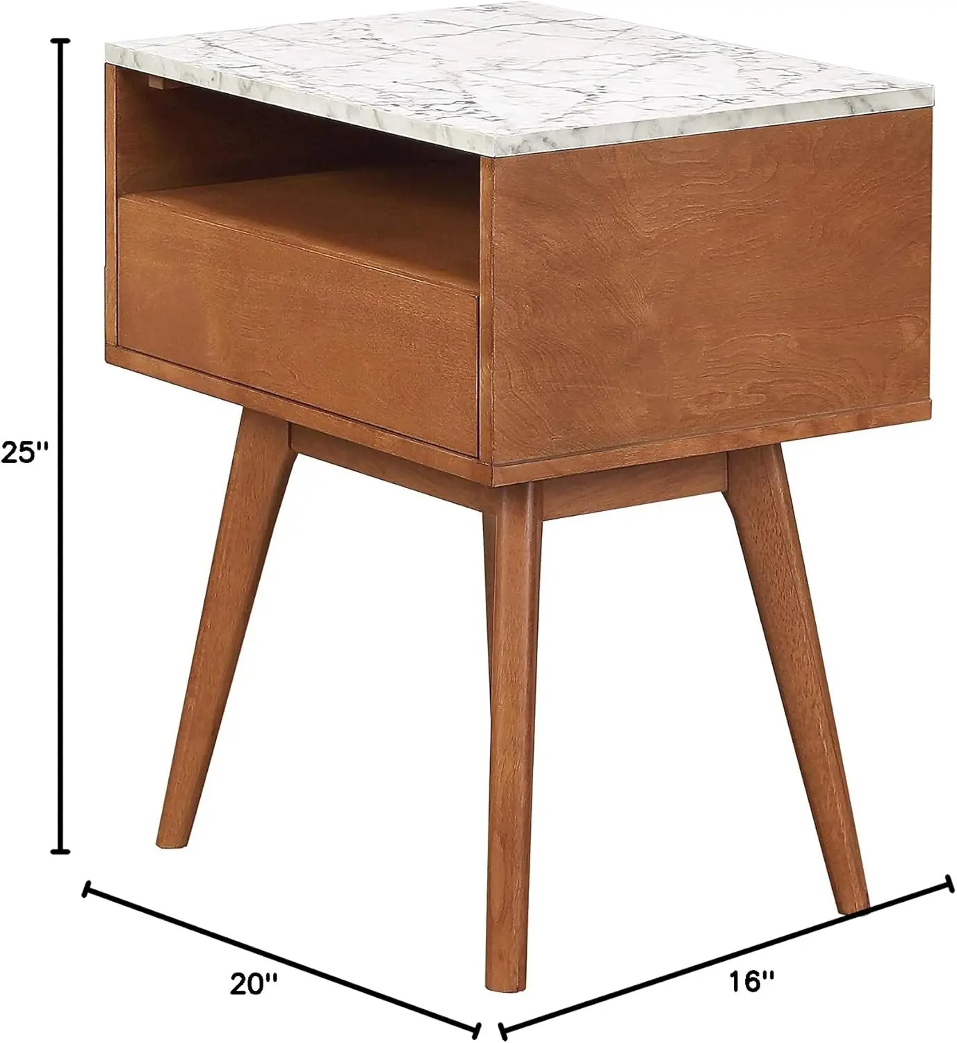 Set of 2 Mid-Century Rectangle Accent Side or End Table Walnut Finish Wood and Faux Marble Top with Storage Nightstand