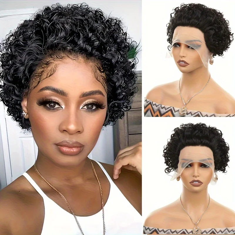 13×1 lace human hair wigs for women short curly pixie  human hair wig 6inch 150% density 350/deep 99j/1b27/natural black color