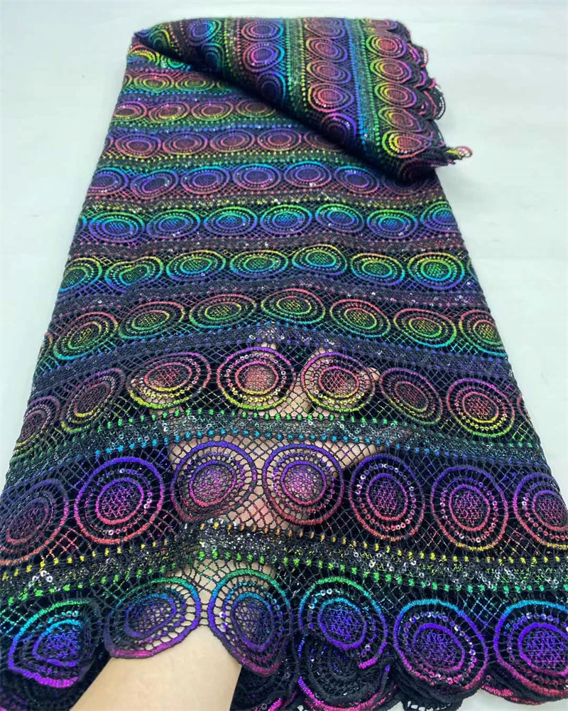 Afrikanischer Nigeria Hochwertiger Pailletten-Stickerei-Tüll-Spitzenstoff, 5 Yards, Guipure-Kleid, Perlen, Stein für Hochzeitsfeier