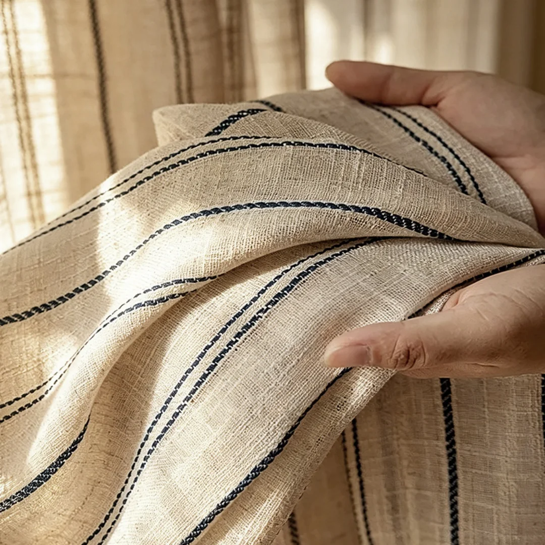 Semi‑Sheer Linen Curtain with Black Stripes,Light Filtering Window Drapes for Bedroom Living Room Home Window Decoration