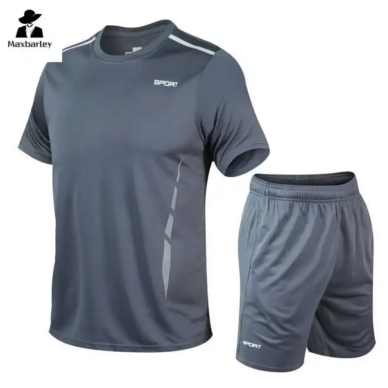 Summer Sports suit Men's Fitness Jogging Silk Ice Mesh Breathable T-shirt +Sports Shorts 2-piece Casual Basketball Training suit