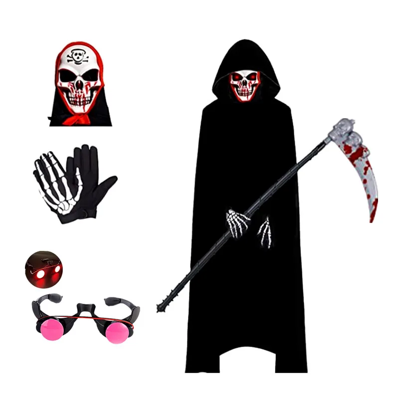 Halloween Scary Costume Grim Reaper Costume for Boys Kids Costume with Glowing Red Eyes with Gloves Mask