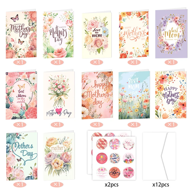 Mother's Day Greeting Cards With Sticky Envelopes, Floral Blank Note Cards, Gift Box For Mom
